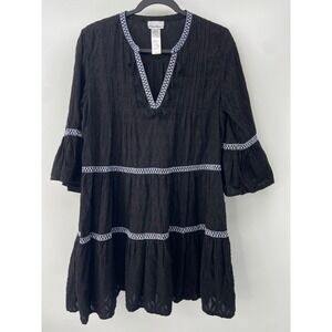 Tommy Bahama Dress Women Large Black Mini Boho Coastal Embroidered Tired Tassels